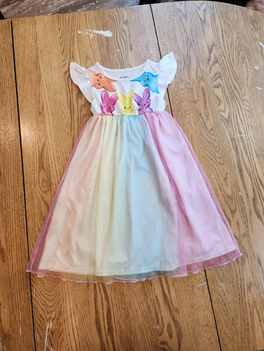 Girls Rainbow Pastel Bunny Tulle Dress - White & Pink